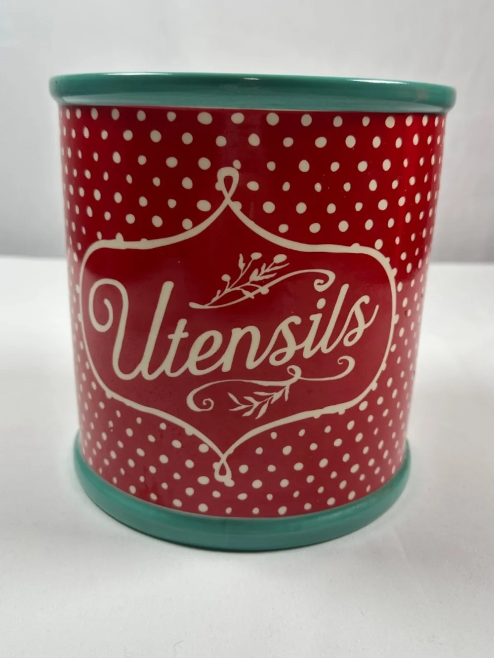 Pioneer Woman Flea Market Red Polka Dot Utensil Crock Teal Trim Bottom Sticker